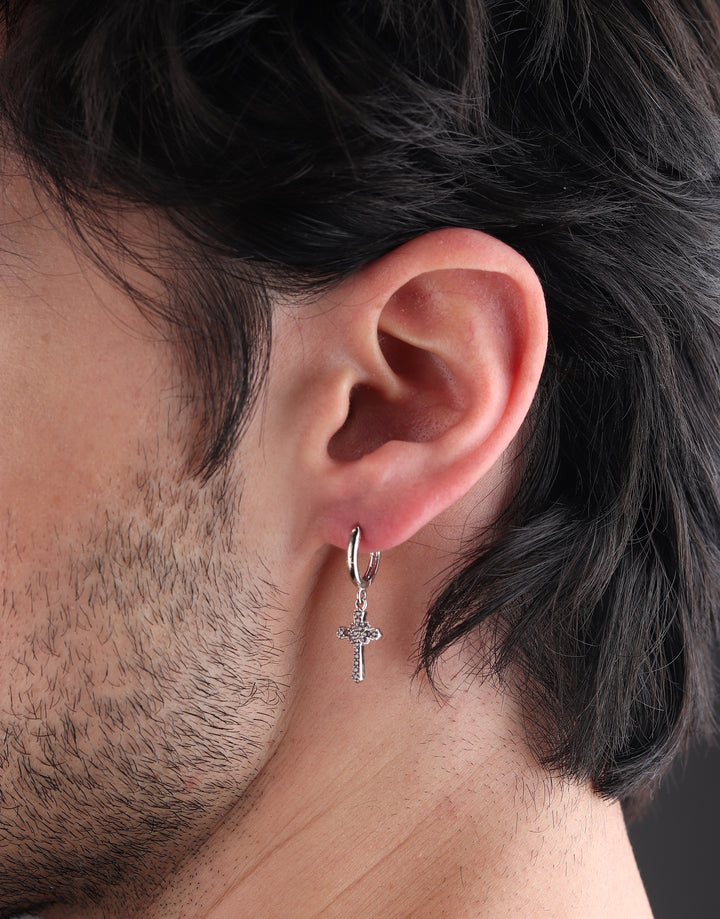 Cross Drop Iced Out Earrings (Sparkling Silver)