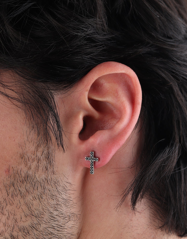 Cross Iced Out Stud Earrings (Black Onyx)
