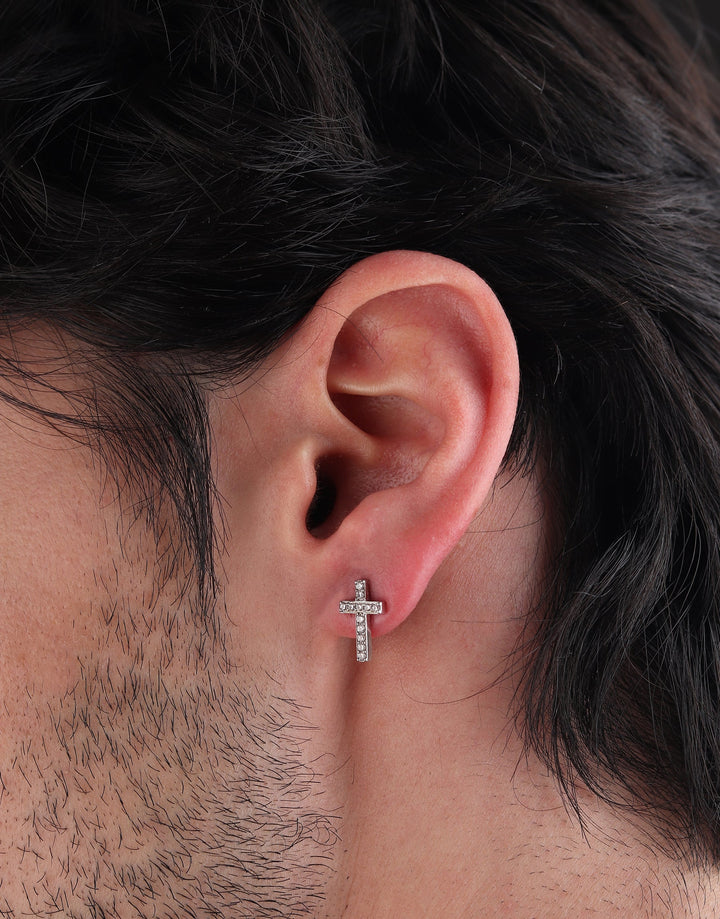 Cross Iced Out Stud Earrings (Sparkling Silver)