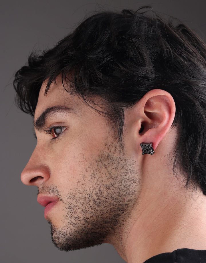 Square Iced Out Stud Earrings (Black Onyx)