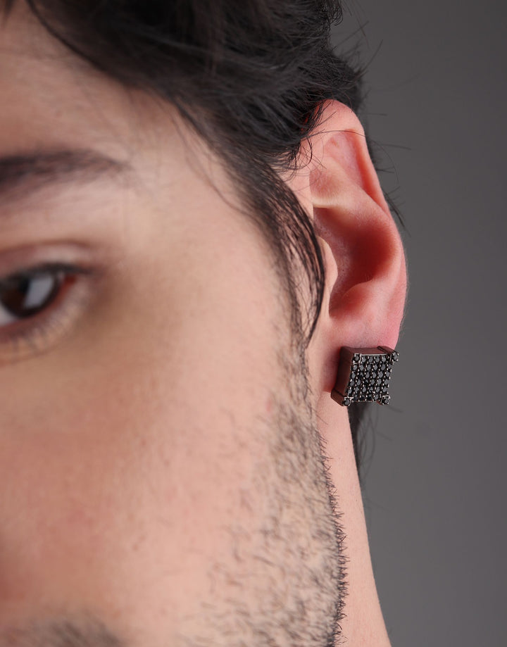 Square Iced Out Stud Earrings (Black Onyx)