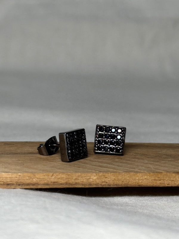 Square Air Iced Out Stud Earrings (Black Onyx)