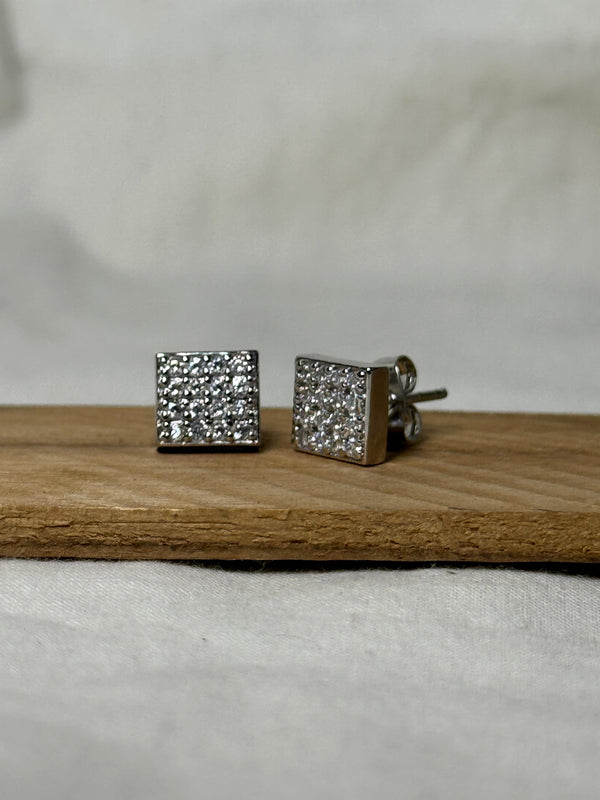 Square Air Iced Out Stud Earrings (Sparkling Silver)